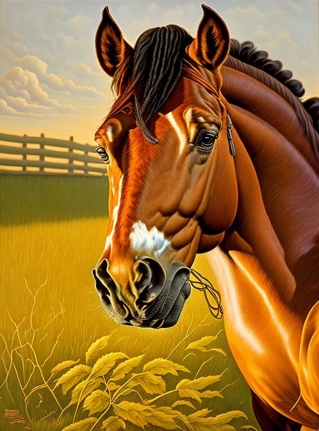 Realistic chestnut horse painting in pastoral setting