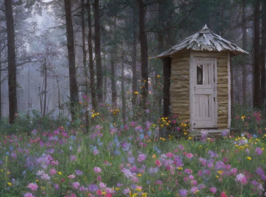 Rustic wooden outhouse in colorful wildflower meadow.