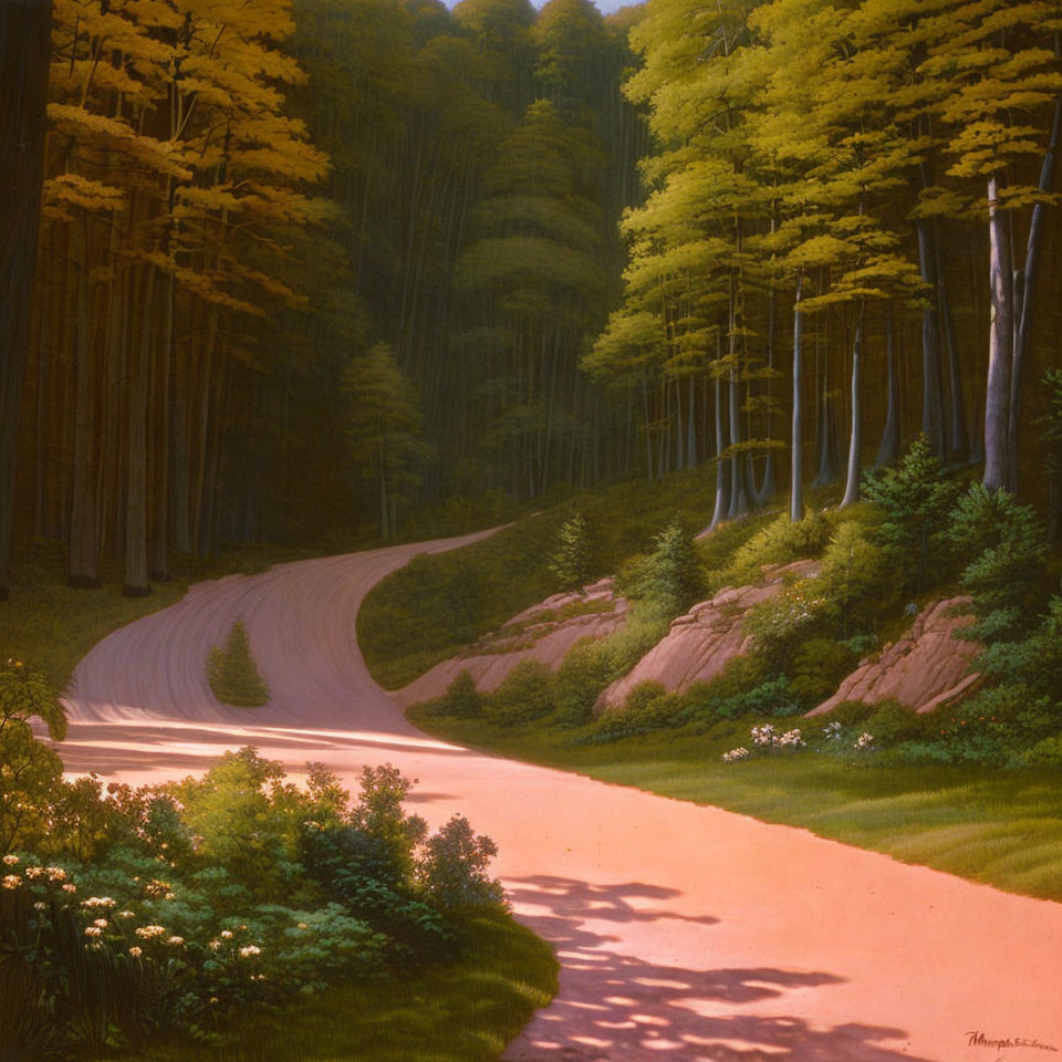 Sunlit forest road surrounded by tall trees