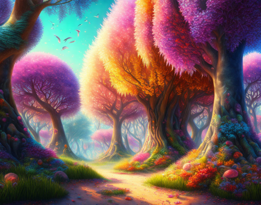 Colorful Whimsical Forest Path with Vibrant Trees