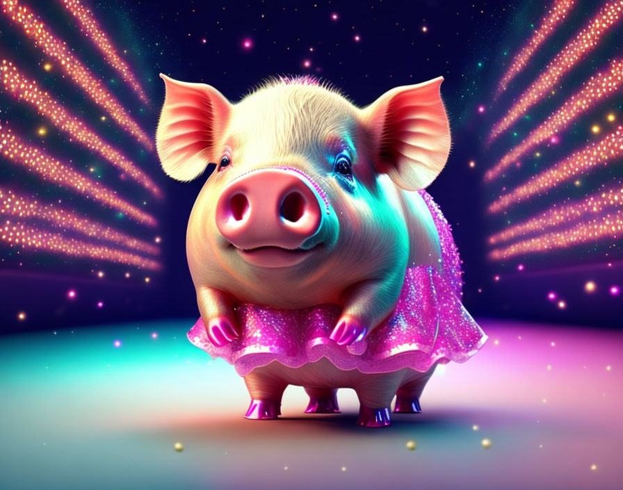 Illustrated pig in pink tutu surrounded by magical lights and sparkles