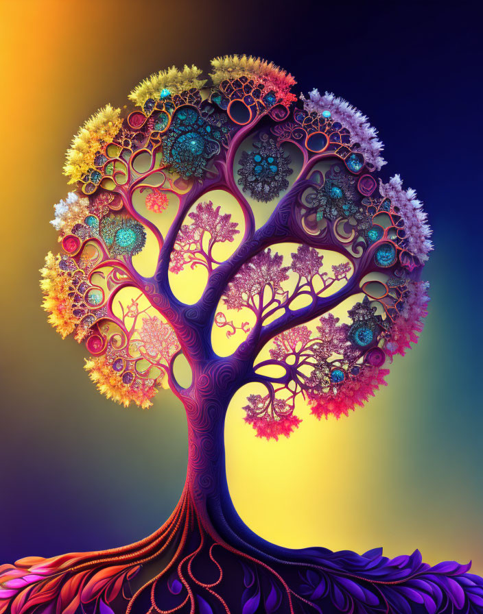 Colorful Digital Art: Whimsical Tree on Sunset Gradient