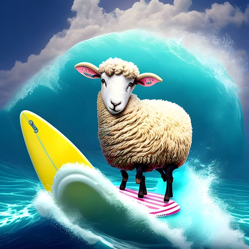 Sheep surfing on big wave under blue sky