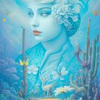 Blue-skinned woman with floral headpiece in surreal desert scene