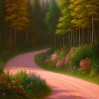 Sunlit forest road surrounded by tall trees