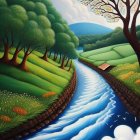 Scenic painting of winding river, wooden bridge, and lush green trees