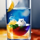 Colorful digital artwork featuring glass of water, ice cubes, polar bear, fruits, and leaf.