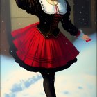 Young girl in red dress and black hat ice skating on snowy day