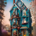 Victorian-style House with Flourishing Flowers Against Dusk Sky