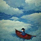 Person in boat with hat in surreal sea of swirling blue clouds and waves