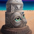 Intricate sand sculpture of face with domed building on beach at sunset