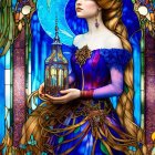 Woman in Blue Dress Holding Lantern Surrounded by Vibrant Stained Glass
