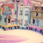 Whimsical houses with exaggerated features in pastel hues