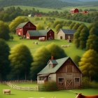Rural landscape with green hills, red barns, grazing animals, trees, clear sky