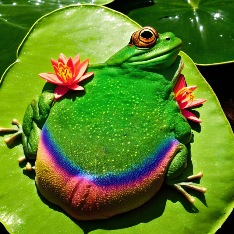 Colorful Frog on Lily Pad Surrounded by Pink Water Lilies