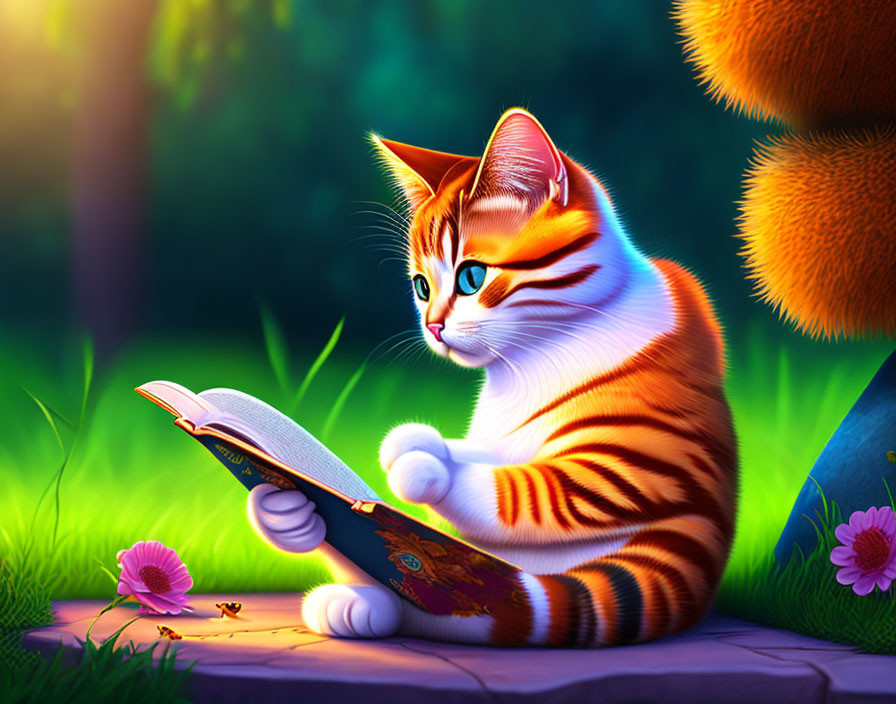 Illustration of orange tabby cat reading in lush greenery