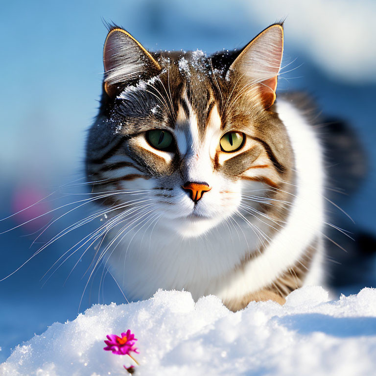 Tabby and White Cat with Amber Eyes in Snow with Pink Flower