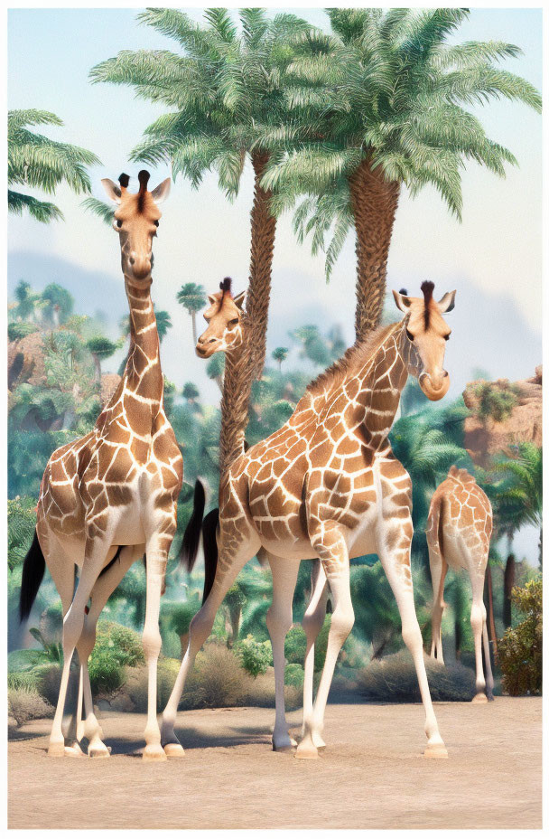 Three Giraffes in Savanna Landscape with Palm Trees