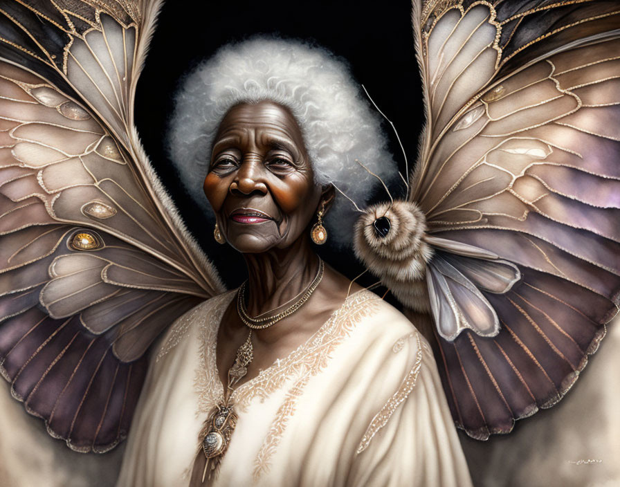 Elderly woman in cream outfit with detailed moth wings
