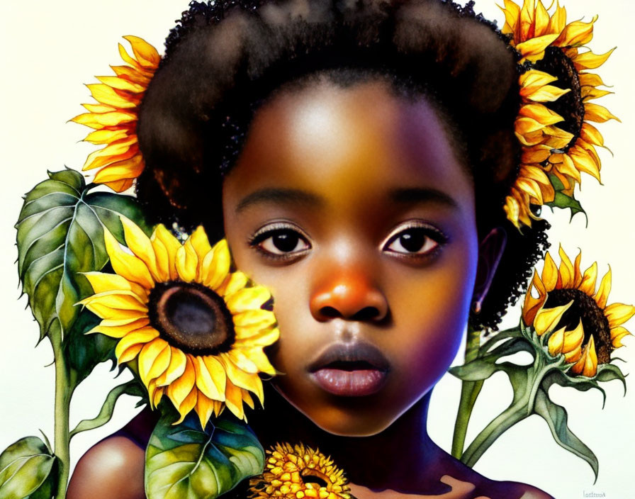 Young girl with striking eyes among vibrant sunflowers.