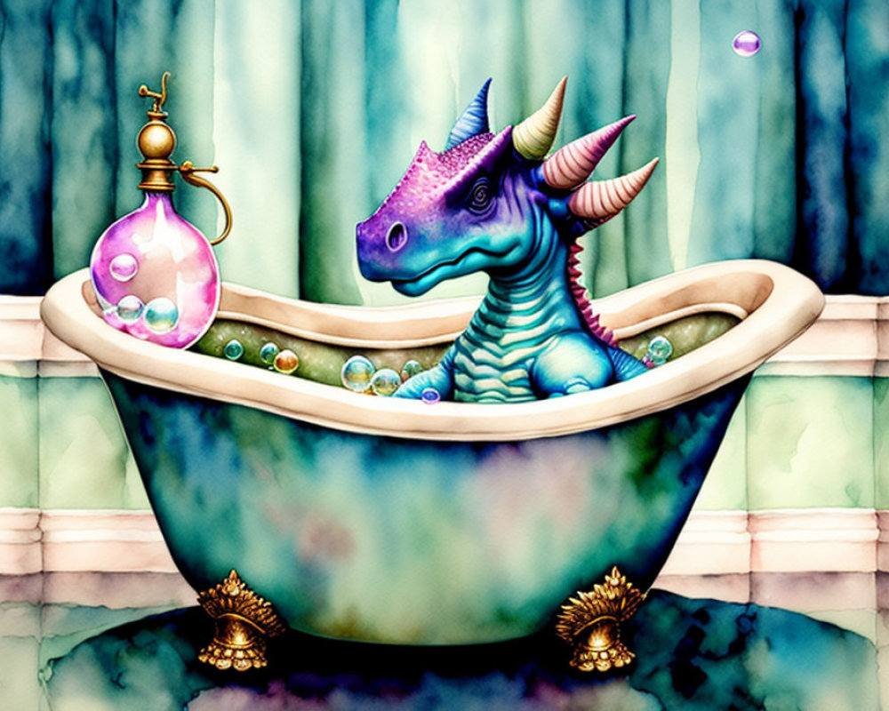 Colorful Dragon with Horns Relaxing in Ornate Bathtub surrounded by Bubbles