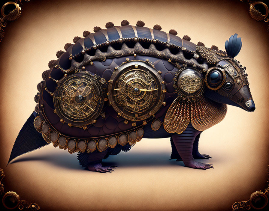 Steampunk armadillo with metal plating and ornate gears on sepia background