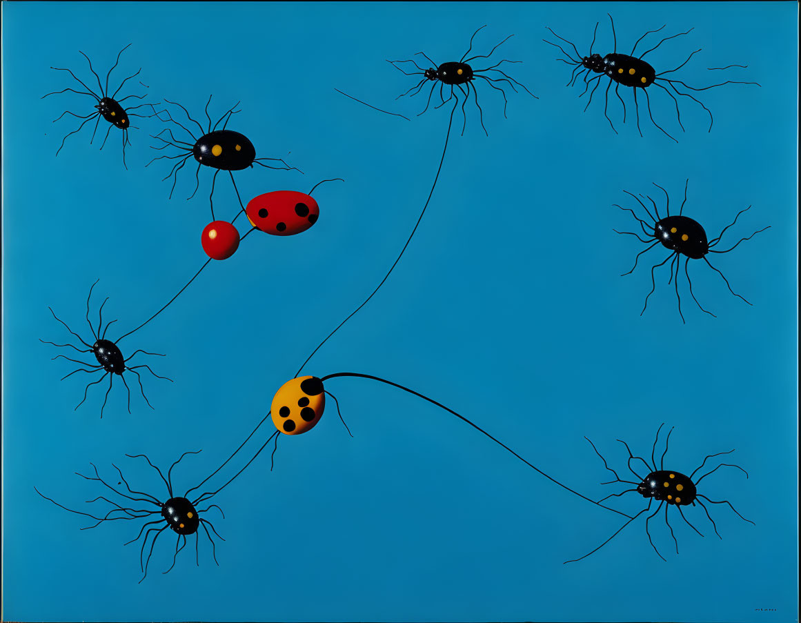 Colorful beetles with elongated legs on blue background