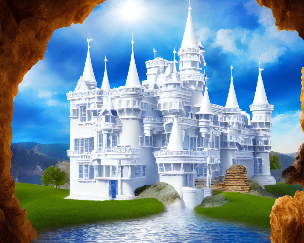 Fairytale castle with spires on island, viewed from cave