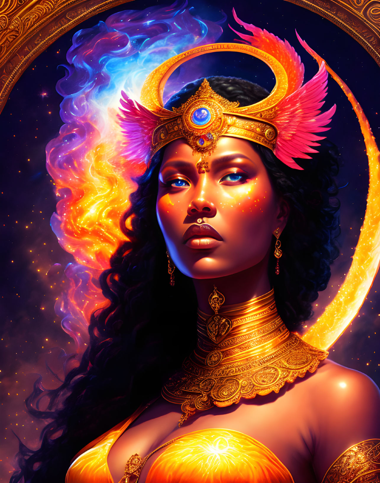 Regal woman with celestial adornments and cosmic aura on starry background