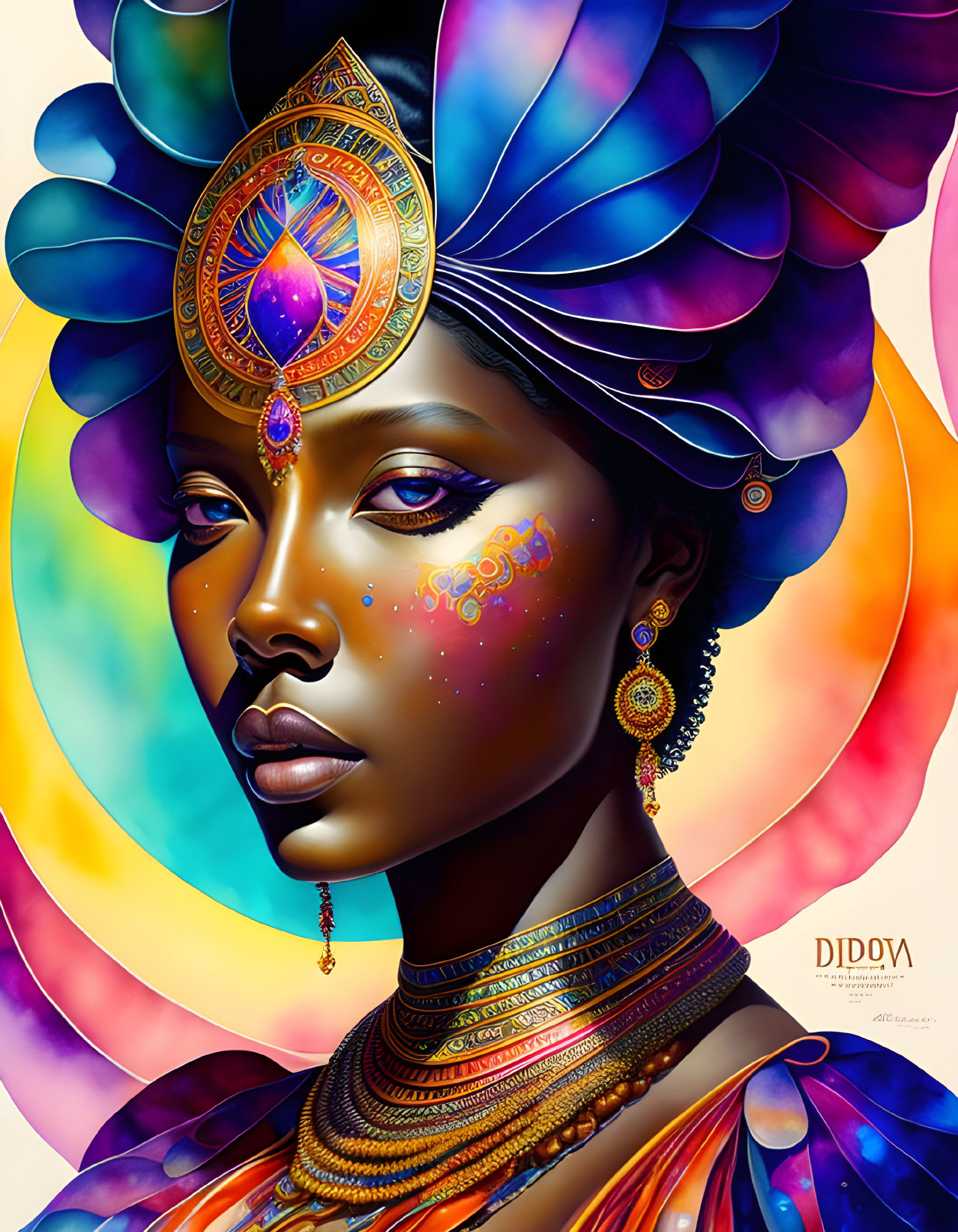 Colorful digital artwork of woman with ornate jewelry and headwear on multicolored backdrop