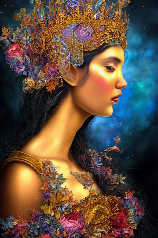 Woman wearing ornate floral crown and shoulder piece in mystical cosmic setting.