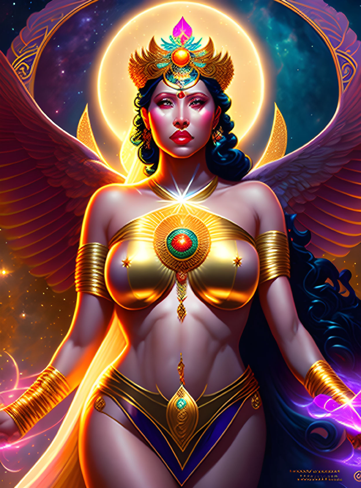 Mythological Figure with Golden Wings and Cosmic Background