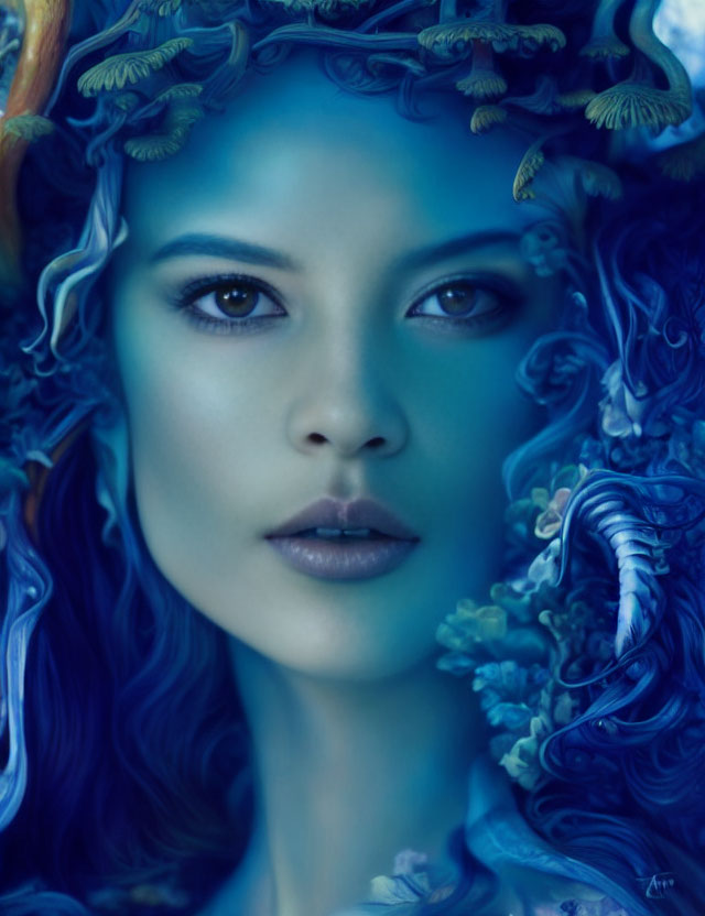 Woman portrait with blue skin and snake-like creatures for a mystical vibe