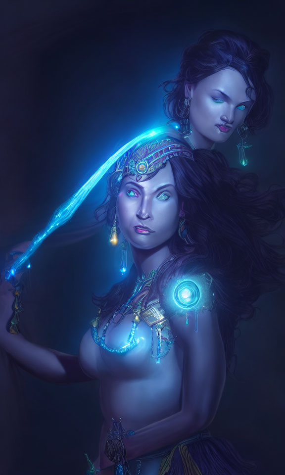 Futuristic women with glowing blue tattoos and cybernetic enhancements on dark background