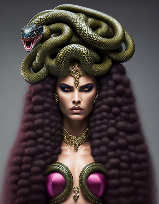 Stylized image of a woman with snake hair and intense gaze