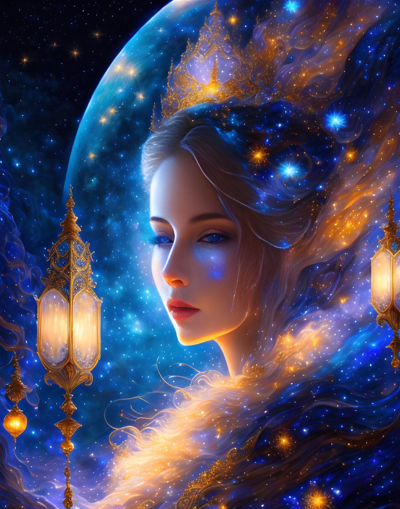 Mystical woman with luminous star-adorned hair in celestial setting
