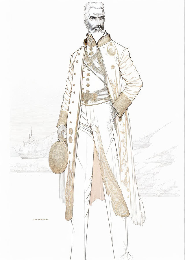 Detailed Historical Naval Uniform Figure Holding Hat Against Ships Backdrop