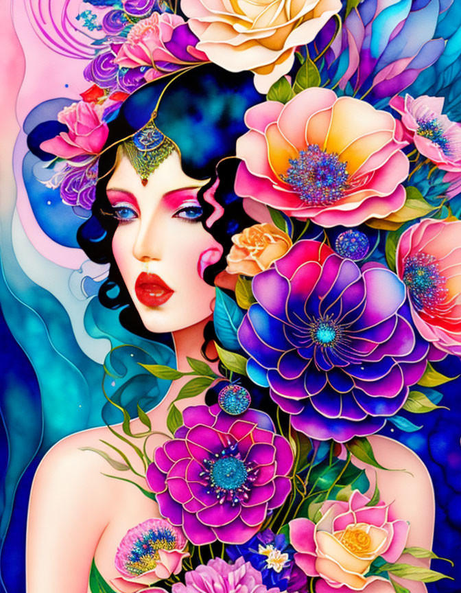 Colorful Woman Illustration with Floral Surroundings