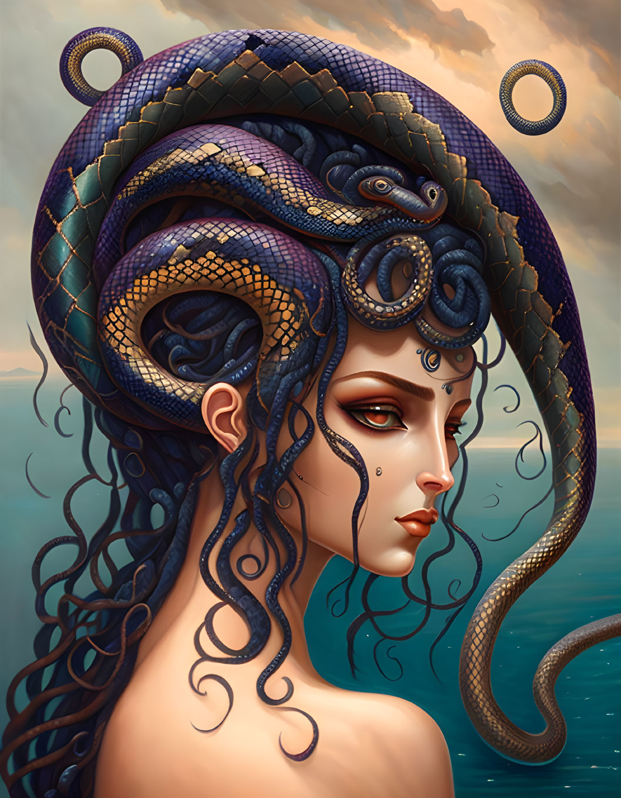 Woman with Serpentine Hair and Ocean Jewelry in Mythological Seascape