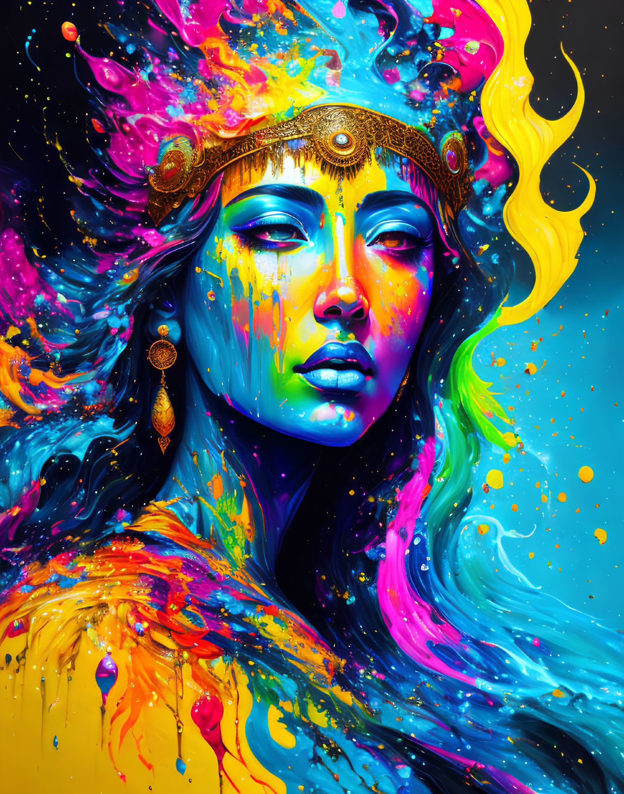Colorful Abstract Portrait of Woman with Golden Head Jewelry