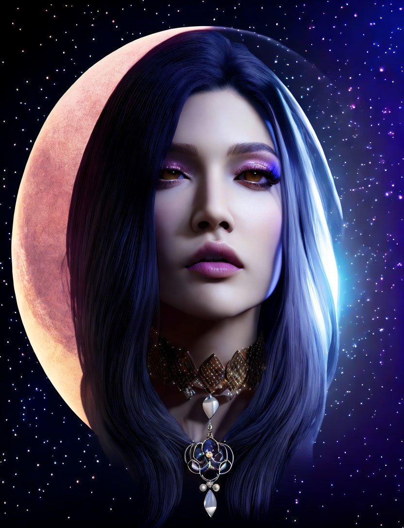 Digital portrait of woman with dark hair and vibrant makeup in cosmic setting