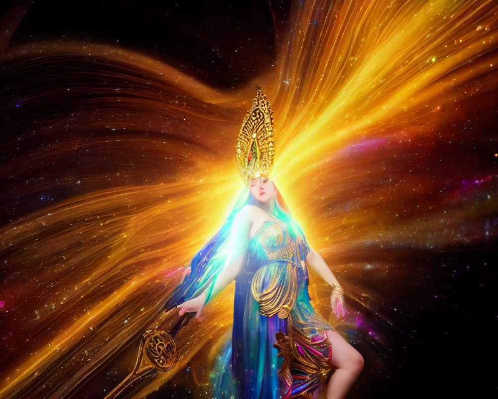 Radiant figure in ornate headgear emitting beams of light against cosmic backdrop