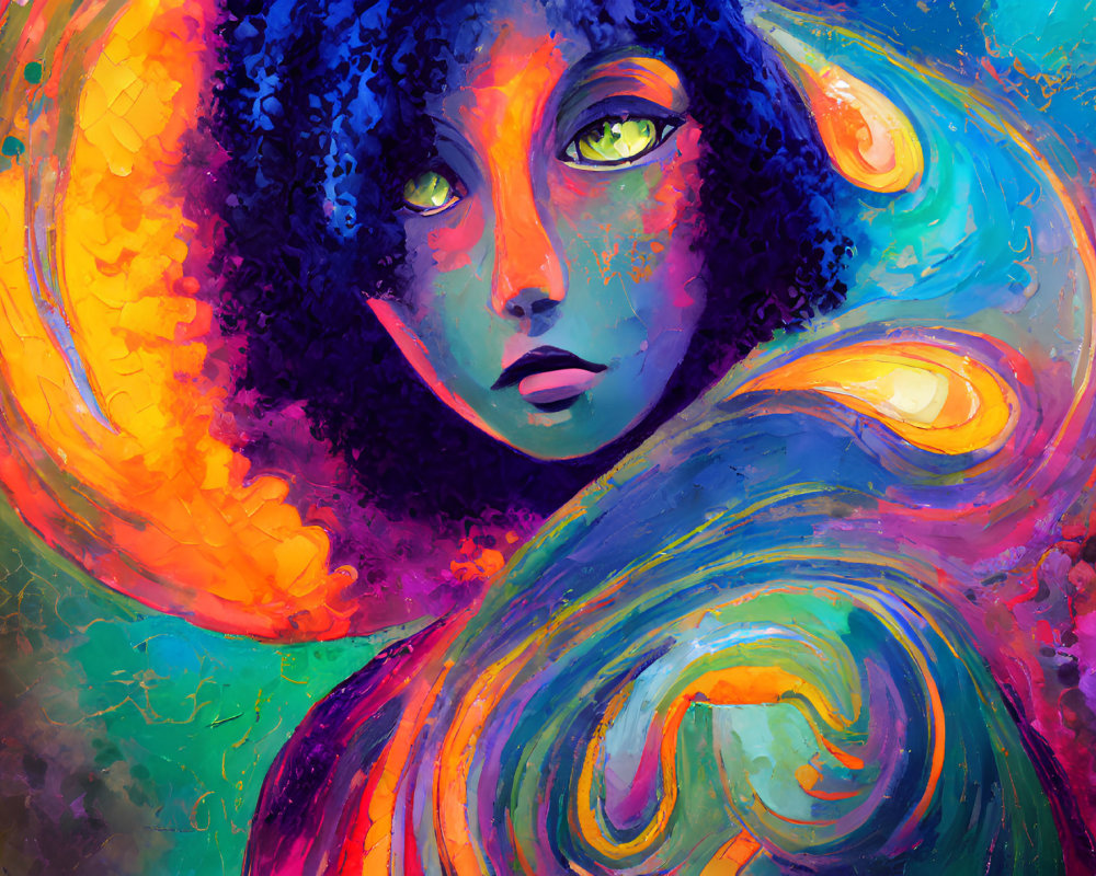 Colorful portrait of woman with curly hair and green eyes in cosmic swirls