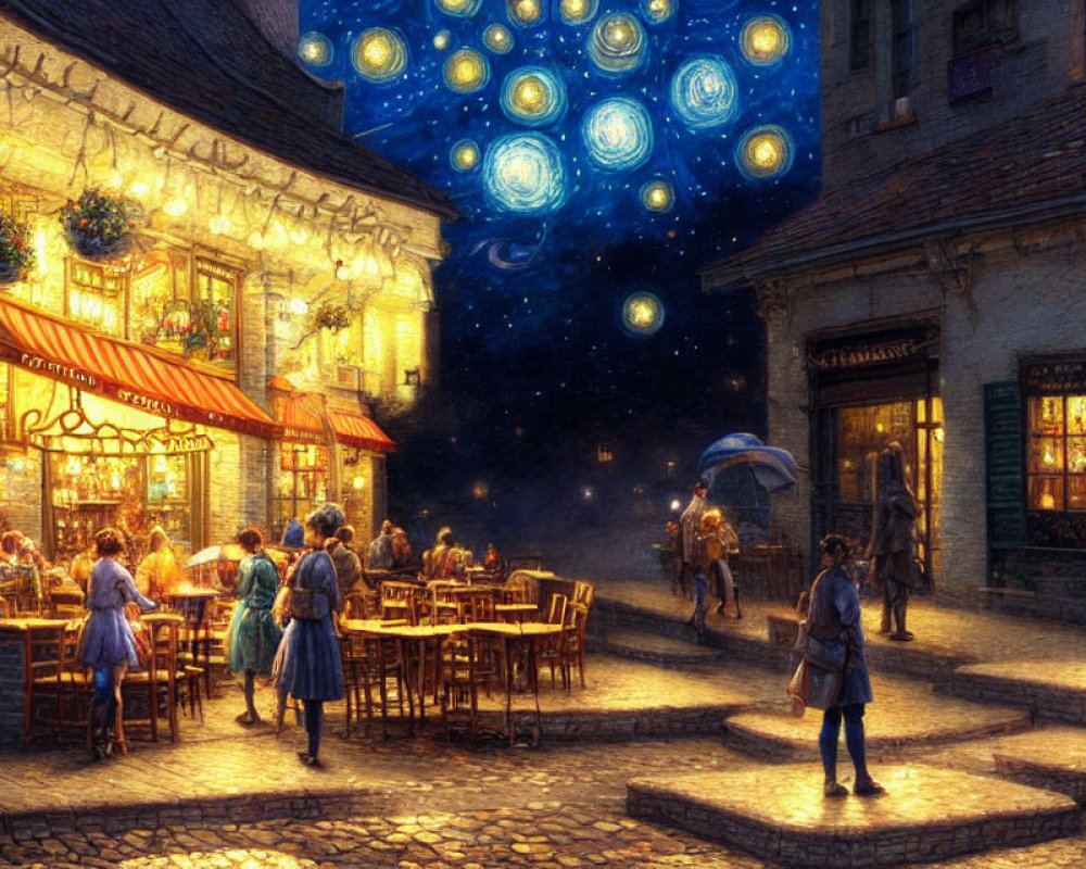 Night scene with people dining at outdoor café under surreal star-filled sky