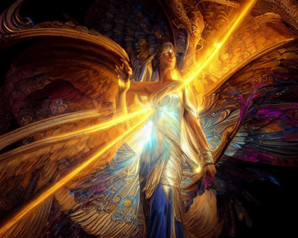 Winged figure in flowing robes emitting golden light with colorful wings