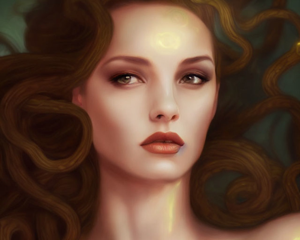 Digital painting of woman with flowing curly hair and captivating gaze