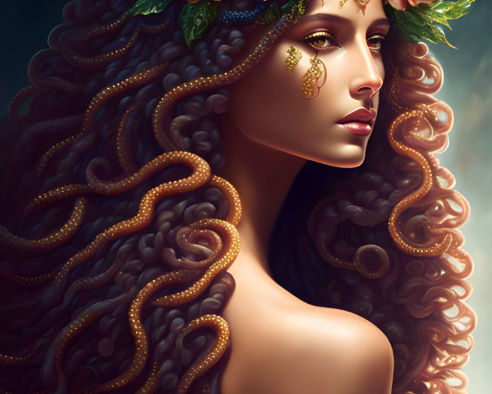 Ethereal woman portrait with voluminous hair and floral crown