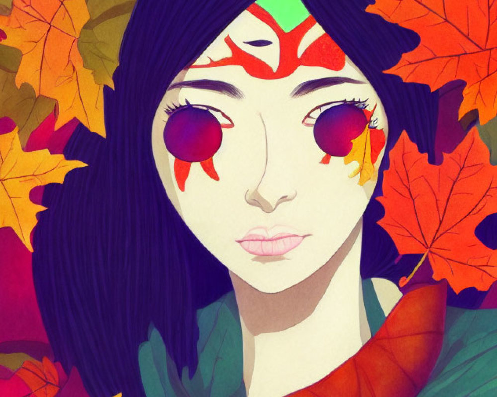 Illustration of woman with black hair in autumn leaves with red and yellow makeup