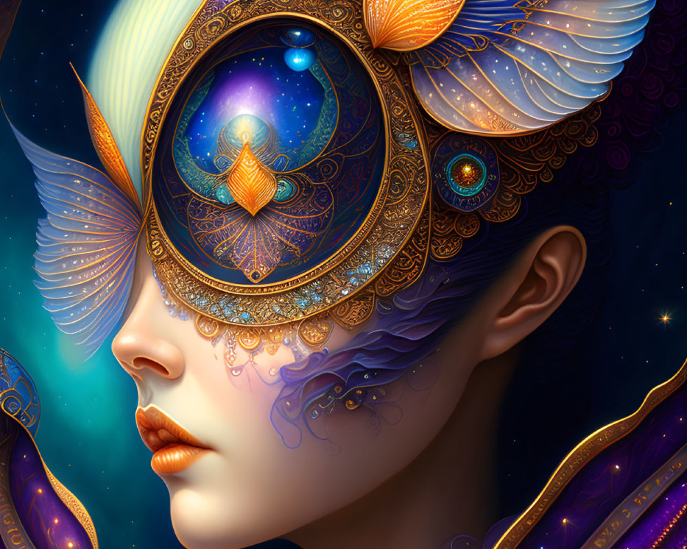 Colorful digital artwork of a woman with cosmic adornments and galaxy eye.