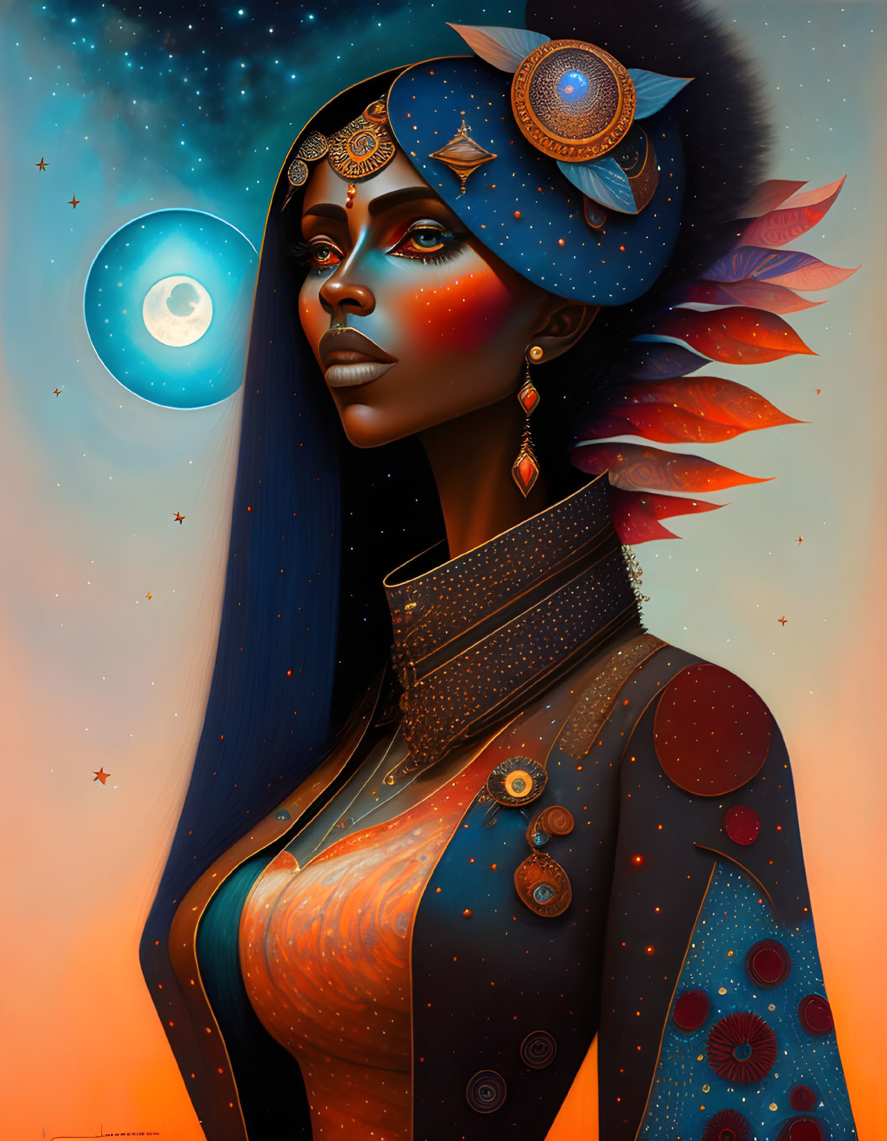 Celestial-themed woman portrait with stars, moon, and cosmic colors